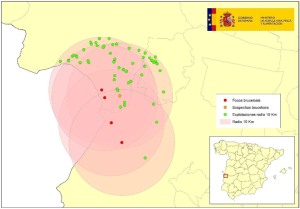 Focos de BB (en color rojo), granja sospechosa bajo investigación (color naranja) y demás granjas bovinas (color verde) en los radios de 10 km a 14 de septiembre de 2026